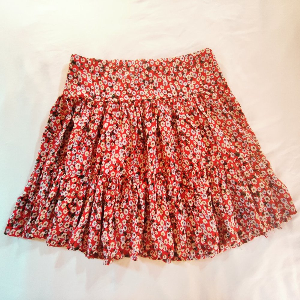 NATURAL LIFE Smocked, pleated, tiered floral red skirt